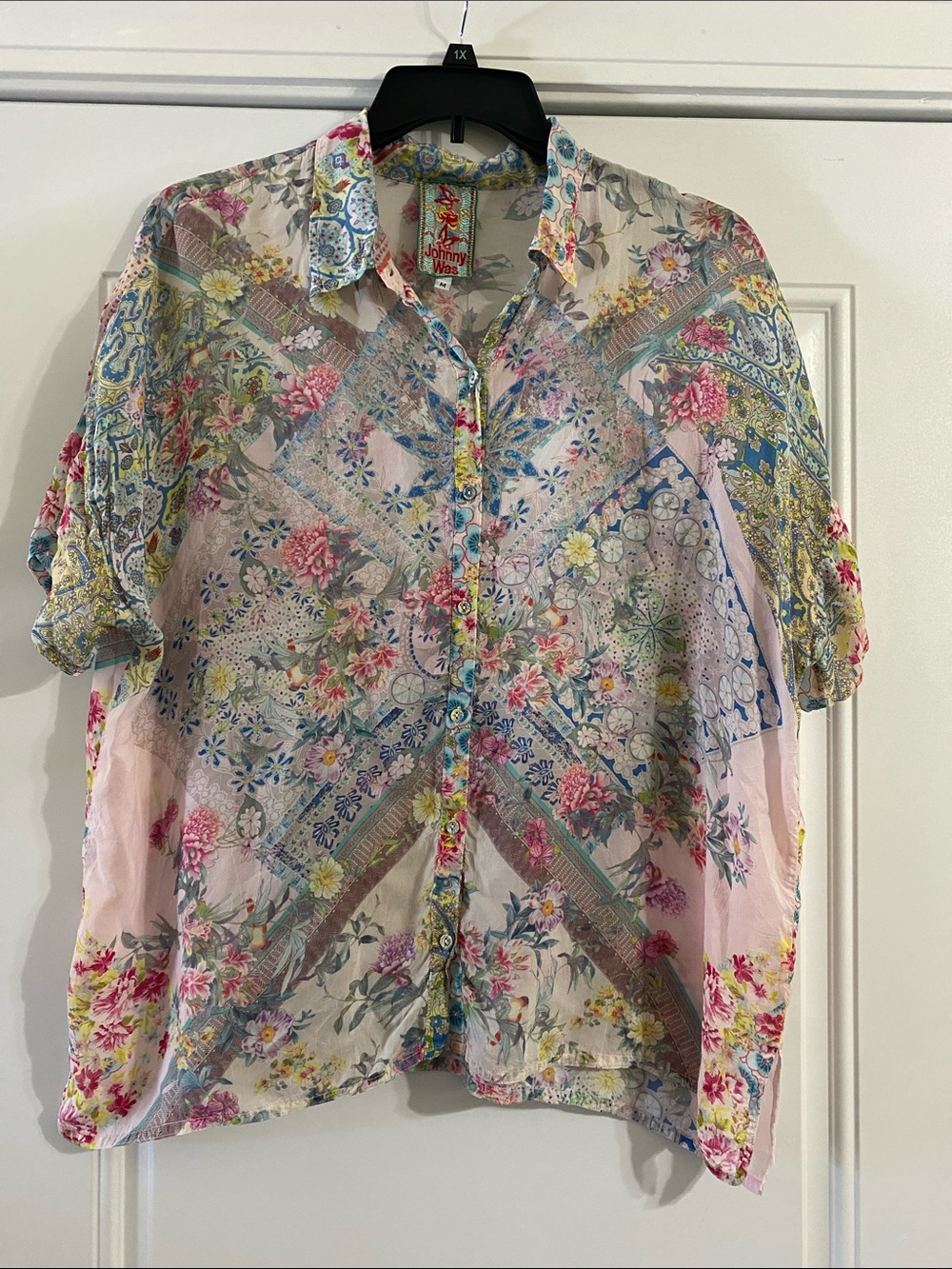 Johnny Was Multicolor Floral Sheer Button-Up
